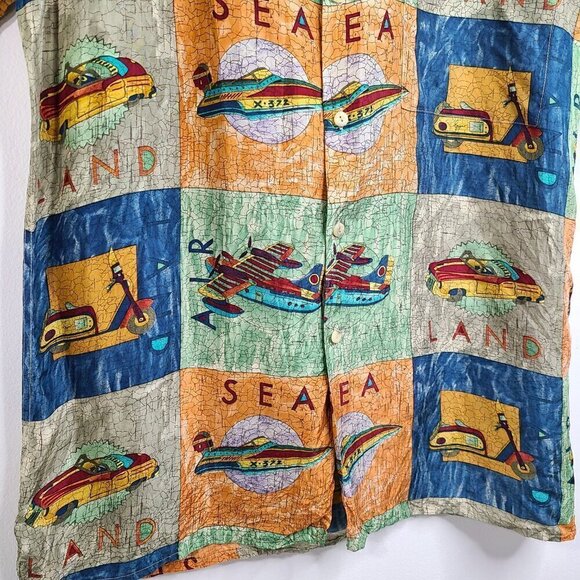 Vintage BURMA BIBAS Travel Adventure Boat Plane Scooter Wild Silk Button Up - Picture 5 of 8